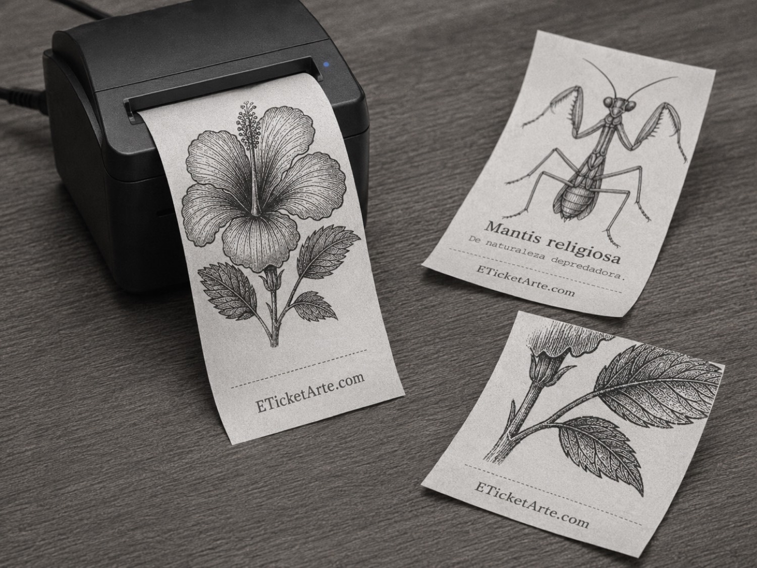 Thermal printer producing a ticket with a botanical engraving