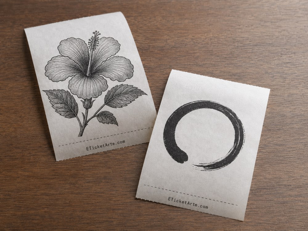 Two tickets: a botanical engraving and an ensō brush circle