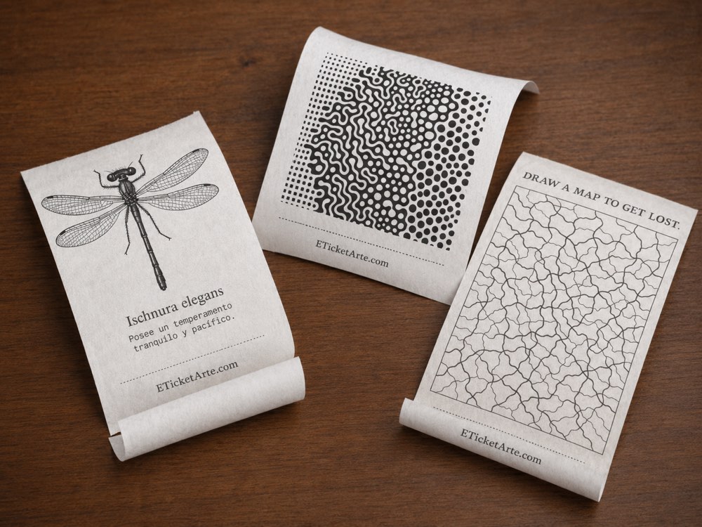 Three tickets: a dragonfly, a generative pattern and a hand-drawn map
