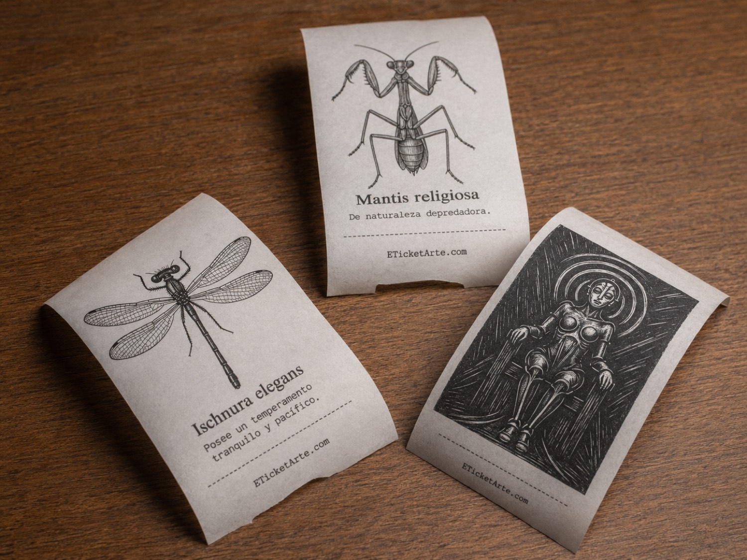 Three printed tickets: a dragonfly, a mantis and an engraved figure